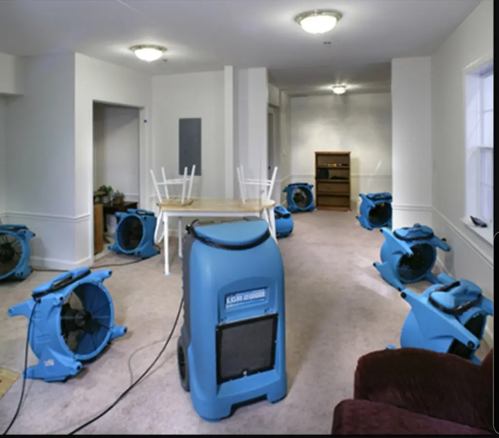Air movers and dehumidifier setup for Water Damage Restoration in Foxborough